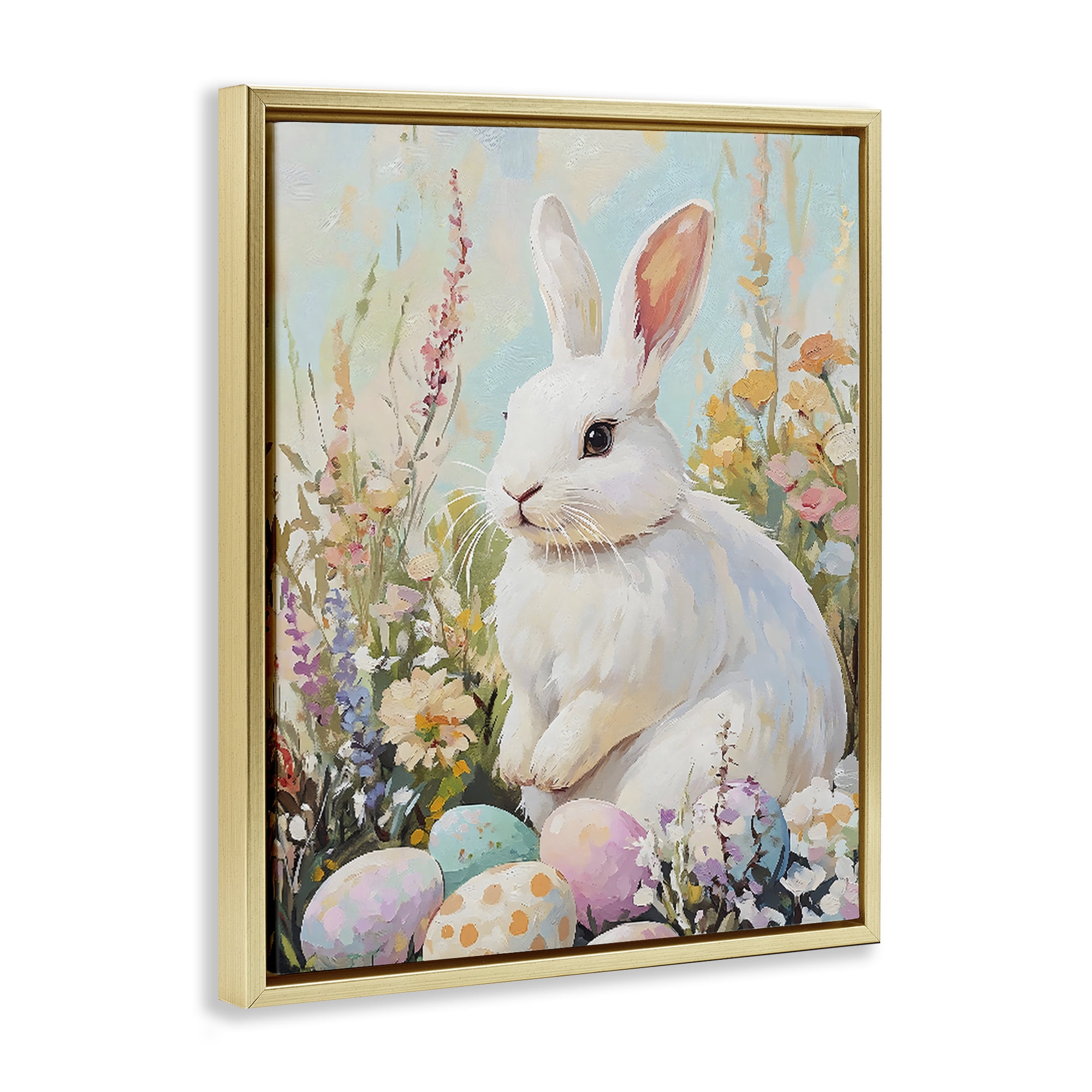 Stupell Industries White Easter Bunny in Wildflowers Gold Framed Floater Canvas Wall Art, design by The Prints Vibe