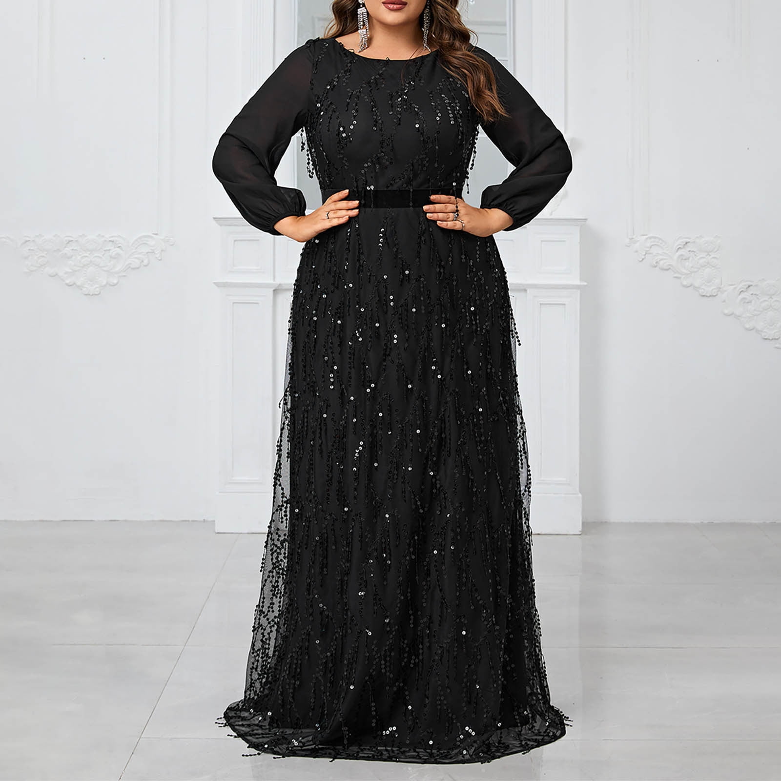 Fancifize Women's Plus Size Long Sleeve Sequin Formal Maxi Dress Evening  Party Gowns Lantern Sleeves Elegant Tie Waist Prom Dresses XL-4XL -  Walmart.com