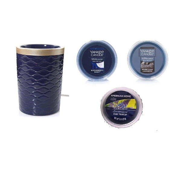 Yankee Candle Twilight Dusk Scenterpiece with a Midsummer's Night, a Warm Luxe Cashmere, and a Wild Blue Indigo Meltcups