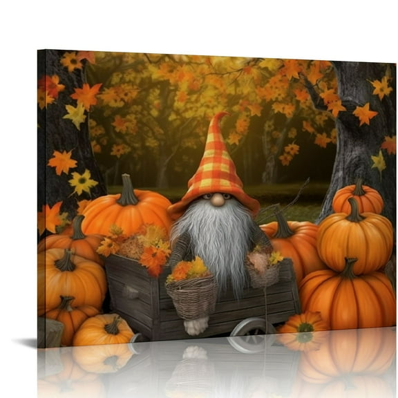 COMIO Canvas Wall Art Oil Painting Thanksgiving Gnome Fall Orange Maple Leaf Picture Painting Prints Framed and Stretched,Pumpkin Farm Harvest Artwork for Living Room/Bedroom/Home Wall Decor