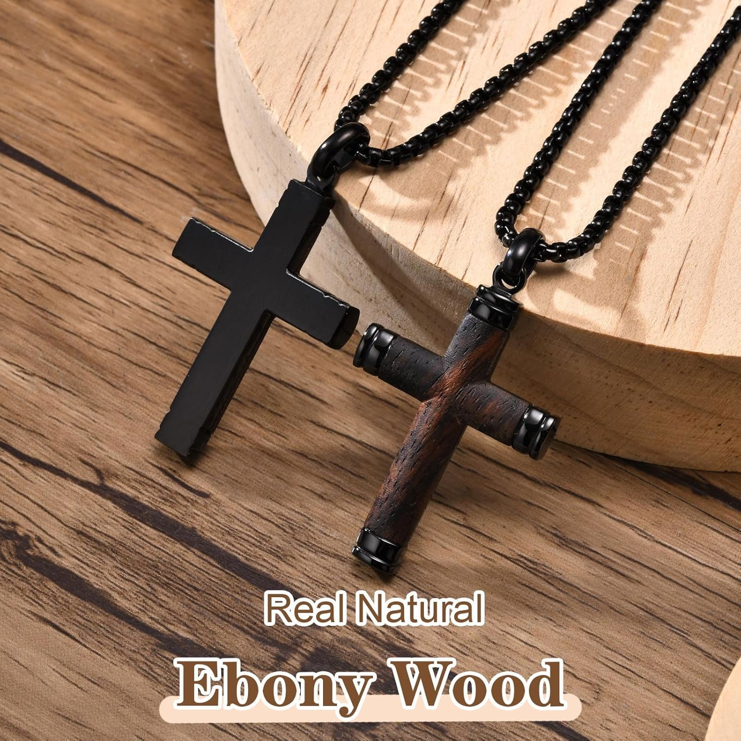 Wooden Cross Necklace for Men-Hawaiian Real Handmade Ebony Wood Cross Pendant Necklace Stainless Steel Chain, Mens Brown Cross Necklaces Koa Wood Jewelry Christian Baptism Crucifix Pendant for Men