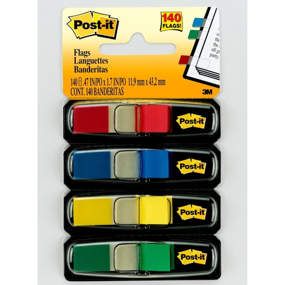 Post-it Flags 683-4, .47 in x 1.71 in Red, Canary Yellow, Blue, Green