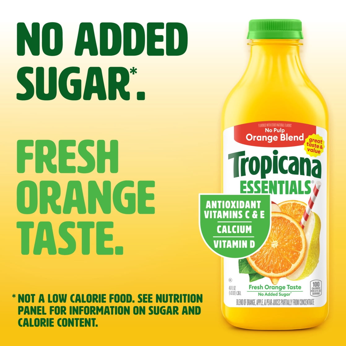 Tropicana Essentials Flavored Orange Juice Beverage Blend With Other Fruit, No Pulp, 46 fl oz Bottle