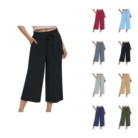 Cotton Linen Capri Pants for Women Elastic High Waist Loose Wide Straight Leg Cropped Pants with Pockets Womens Capris