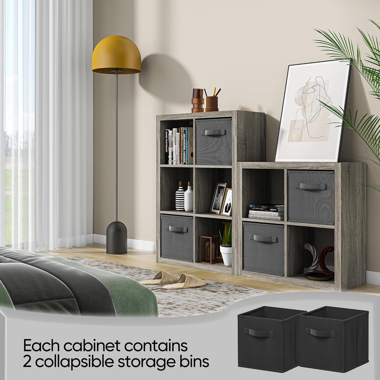 9 Cube Shelf, Closet Storage Organizers, Modern Open Bookcase with Bins, Multifunctional Display Cube Bookshelves for Living Room, Bedroom, Home Office, Gray Oak