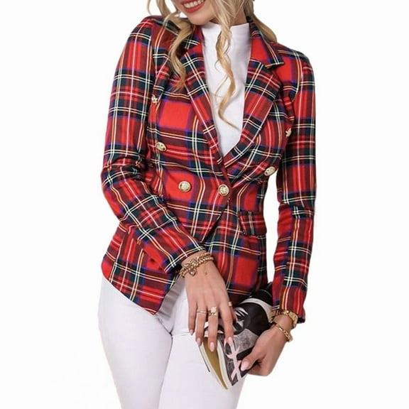 Womens 2025 Casual Business Paid Long Sleeve Button Up Slim Fit Work Office Jacket with Pockets Red S