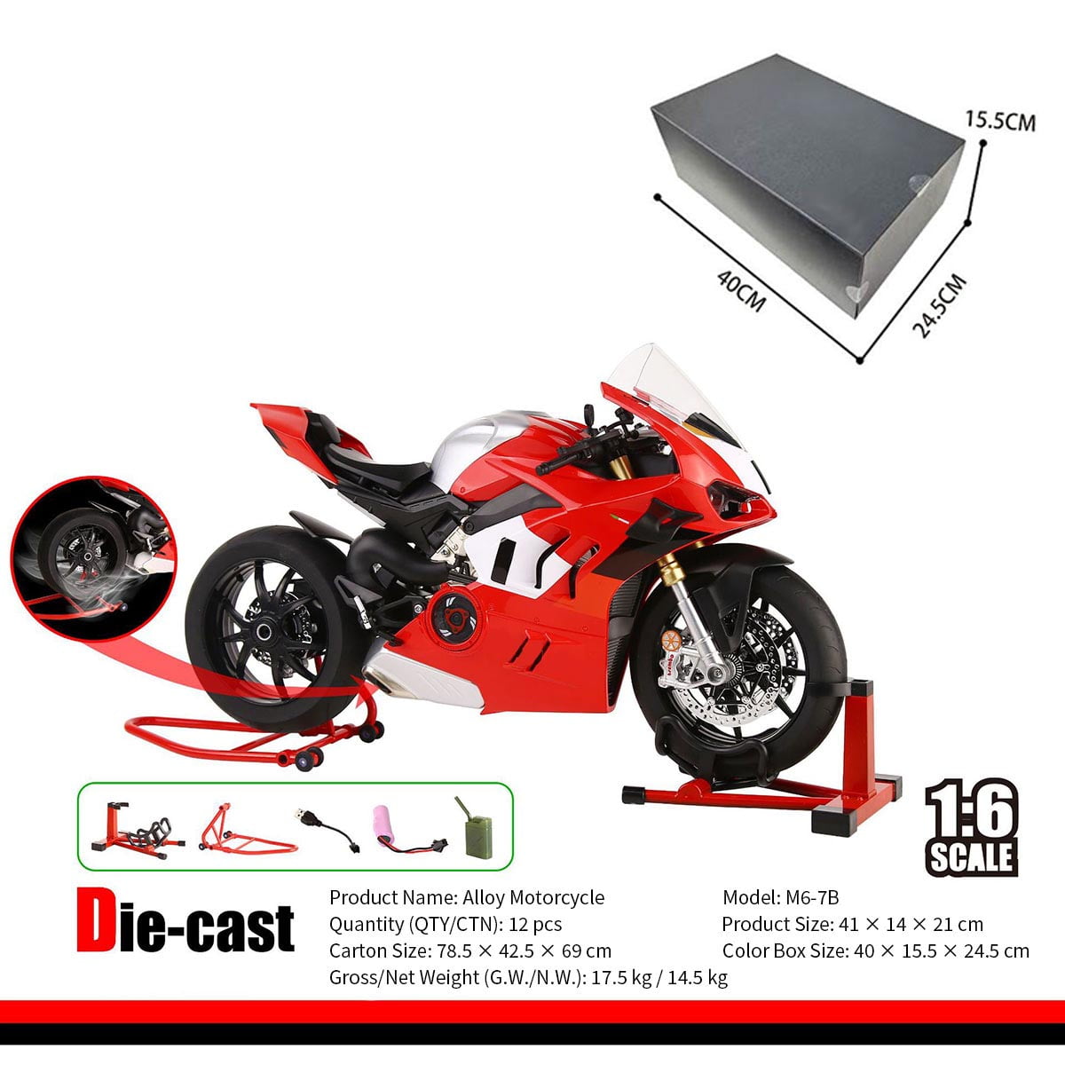 Dynamic Motorcycle Model, 1/6 Scale Alloy Motorbike with Ignition System, Light and Sound Effects & Smoke Spray, Idea for Desktop Display and Room Decor, Gift for Adults & Teens (Red)
