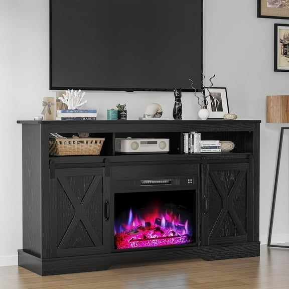Mayincolor Farmhouse Fireplace TV Stand for 65"  Inch TV, Entertainment Center with 23" Electric Fireplace with Remote, Modern Rustic TV Console with Sliding Bar Door for Living Room, Black
