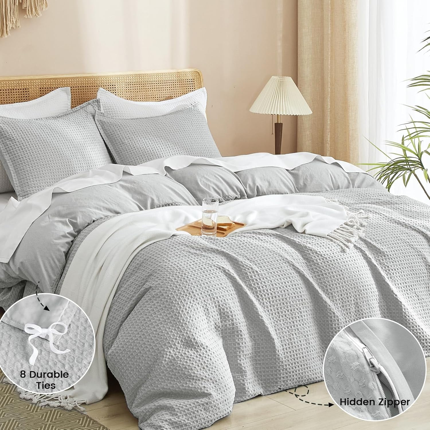PHF Waffle Duvet Cover Set Queen Size, 3 Pieces Soft Breathable Bedding Comforter Cover for All Seasons, Waffle Textured Duvet Cover with 2 Pillow Shams Bedding Collection, 90"x90", Light Grey