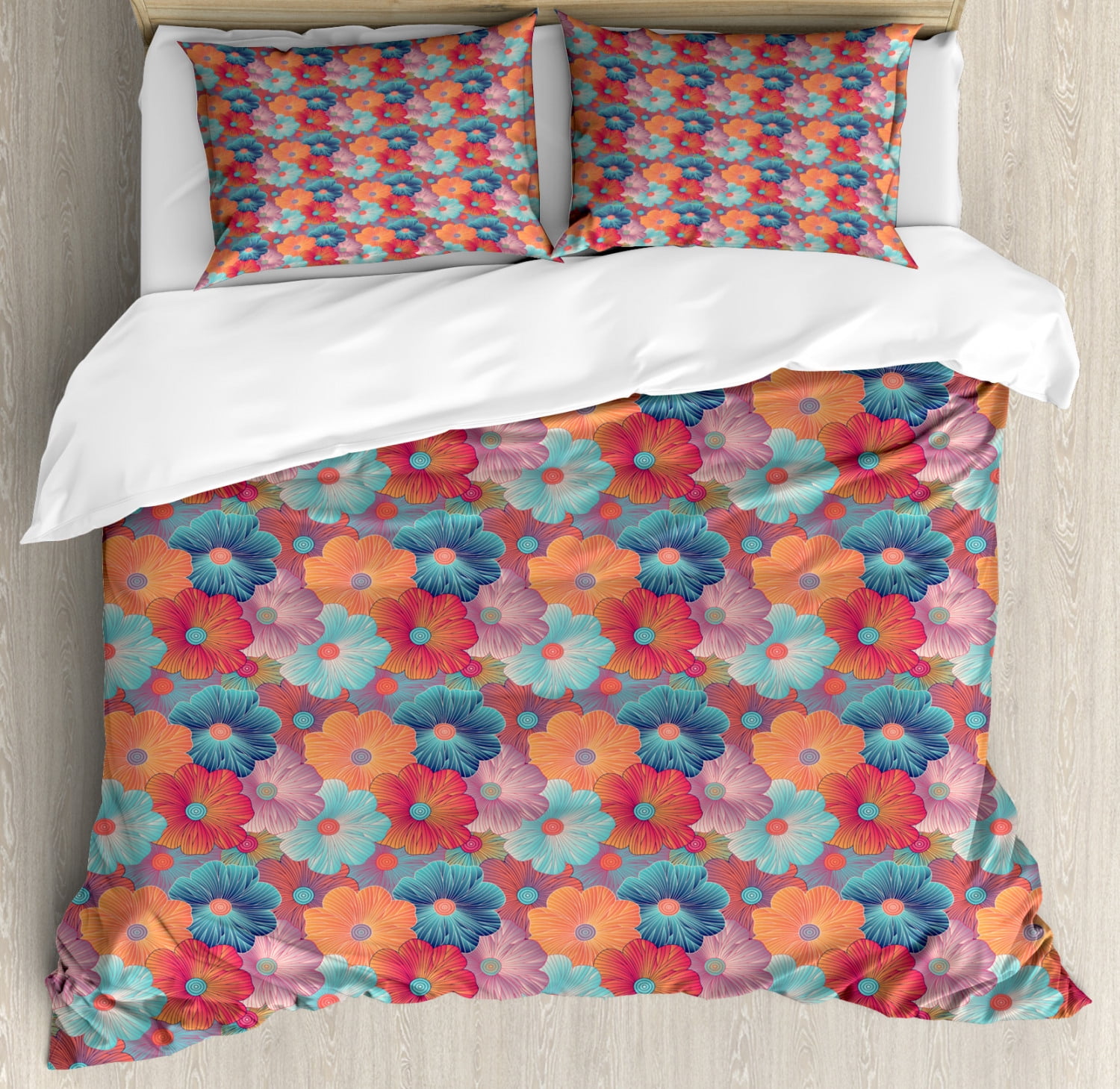 Floral Queen Size Duvet Cover Set, Repeating Pattern Overlapped Flower Petals in Various Pastel