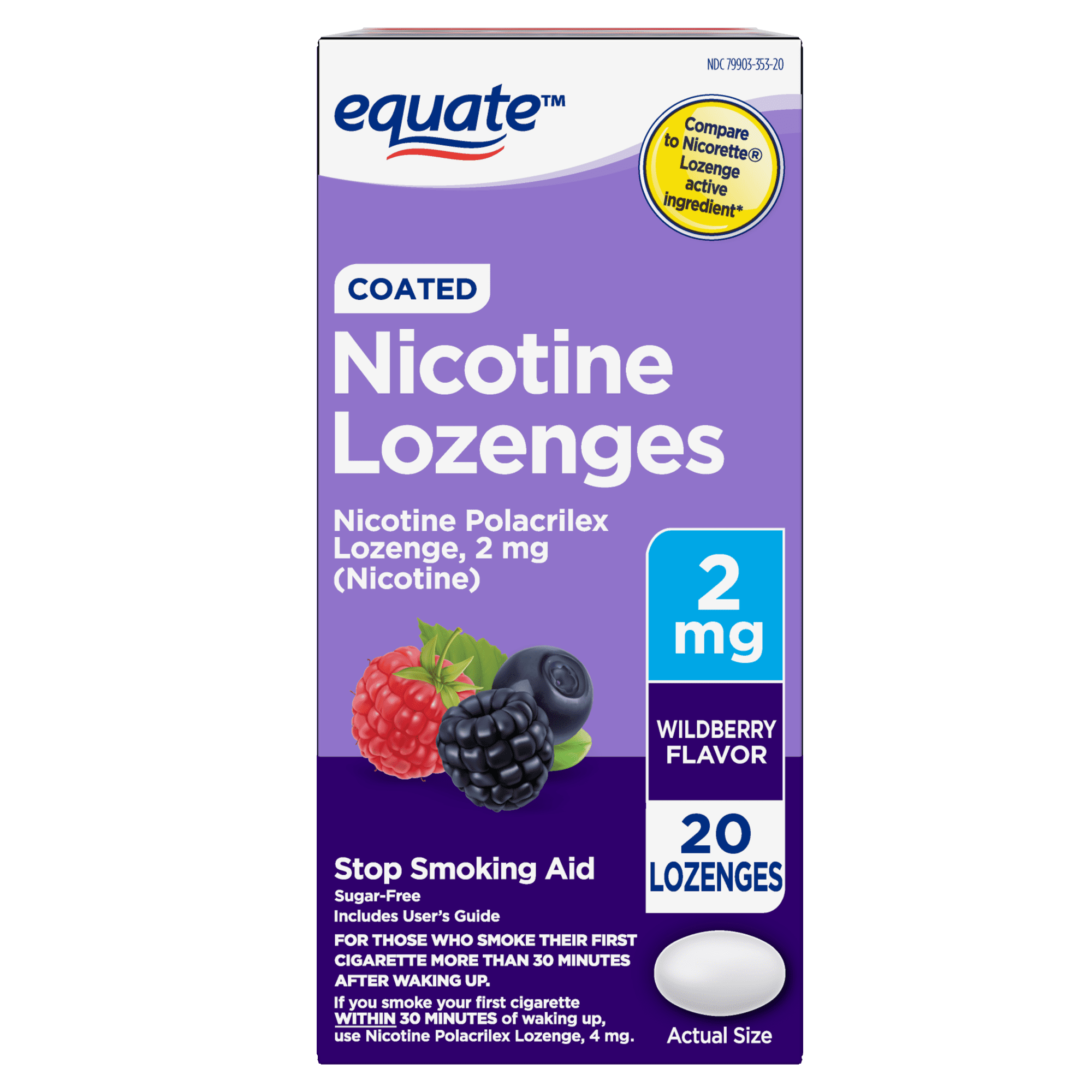 Equate Nicotine Polacrilex Coated Lozenge, 2 mg, Wildberry Flavor, Stop Smoking Aid, 20 Count