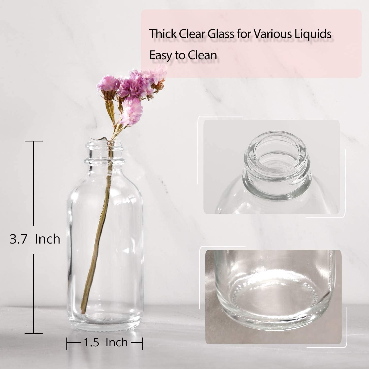 AP 24 Pack, 2 oz Small Clear Glass Bottles w/ Lid & 6 Stainless Steel Funnels-60ml Boston Sample Bottles-Mini Travel Essential or Decorative Bottles for Potion, Juice, Wellness, Ginger Shots, Whiskey