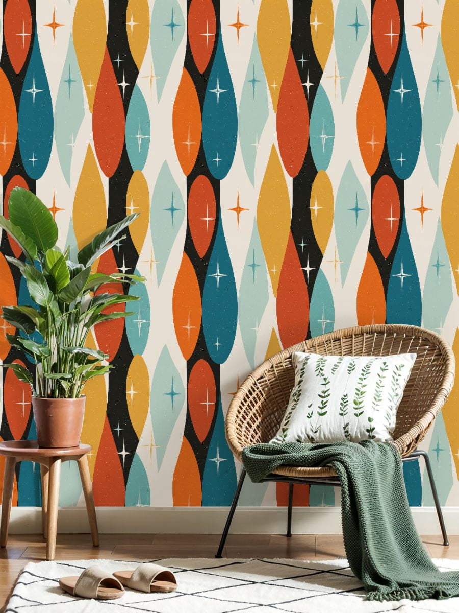 Peel and Stick Wallpaper 23.6in x 9.8ft Mid century modern age teal orange Ideal for Contact Paper Vinyl Waterproof Self Adhesive Wall Paper for Bedroom Shelf Cabinet Renter Friendly