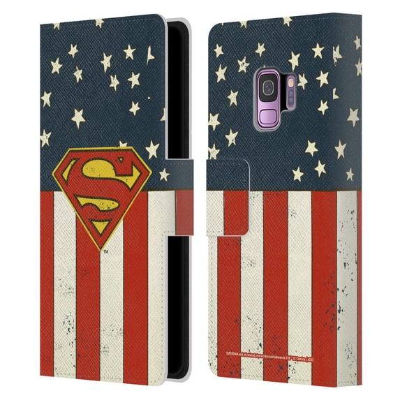 Head Case Designs Officially Licensed Superman DC Comics Logos U.S. Flag Leather Book Wallet Case Cover Compatible with Samsung Galaxy S9
