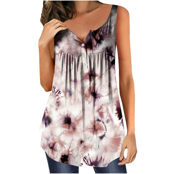 Wycnly Womens Tank Tops Summer Floral Print V-Neck Sleeveless T Shirts Fashion Button Flowy Pleated Swing Henley Shirts Breathable Tunic Blouse Vest Khaki xl Clearance Under $5