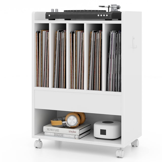 Gymax Record Player Stand on Wheels w/ Pull-out Drawer & Open Shelf Lockable Wheels White