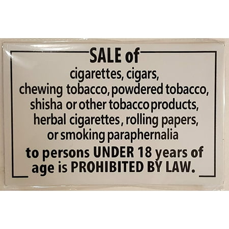 

SALE OF CIGARETTES PROHIBITED UNDER 18 YEARS OF AGE SIGN (WHITE ALUMINIUM 8.5X5.5 )