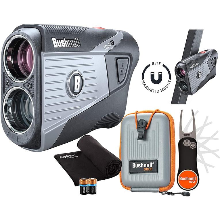 Bushnell Tour V5 (Standard) Golf Laser Rangefinder Patriot Pack PlayBetter Bundle | +Carrying Case, Divot Tool, PlayBetter Microfiber Towel, Two Batteries | Pinseeker Jolt, 6X Mag | 201901P