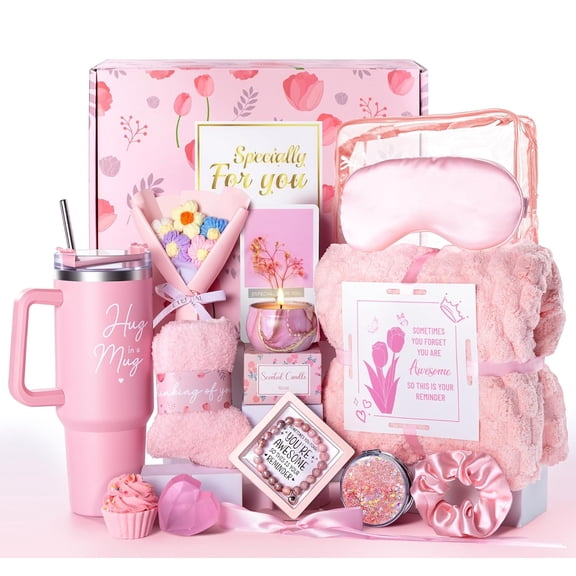 15Pcs Birthday Gifts for Women, Relaxing Spa Basket with Luxury Flannel Blanket and 40 oz Tumbler - Care Package for Her, Mom, Wife, Friends - Valentine's, Mother's Day, Christmas Birthday Gifts