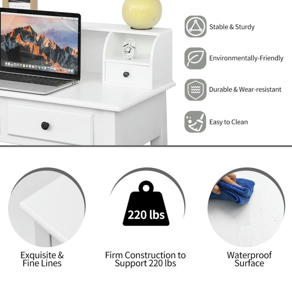 Demi Bonn Removable Floating Organizer 2-Tier Mission Computer Vanity Desk, Small Home Office Desk Study Writing Table, White