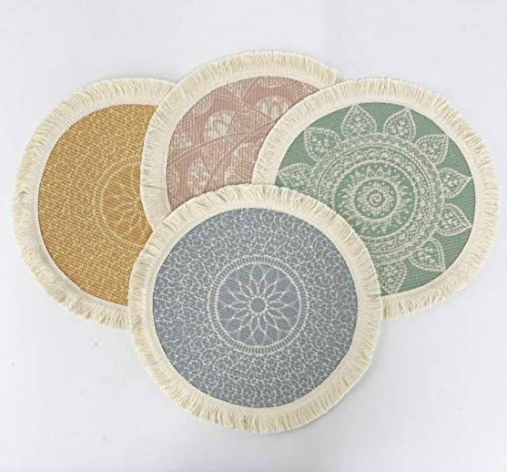 Fennco Styles Unique Dream Catcher Fringe Cotton Placemats 14-inch Round, Set of 4 - Pink Decorative Boho Table Mats for Home Decor, Dining Table, Banquets and Special Events