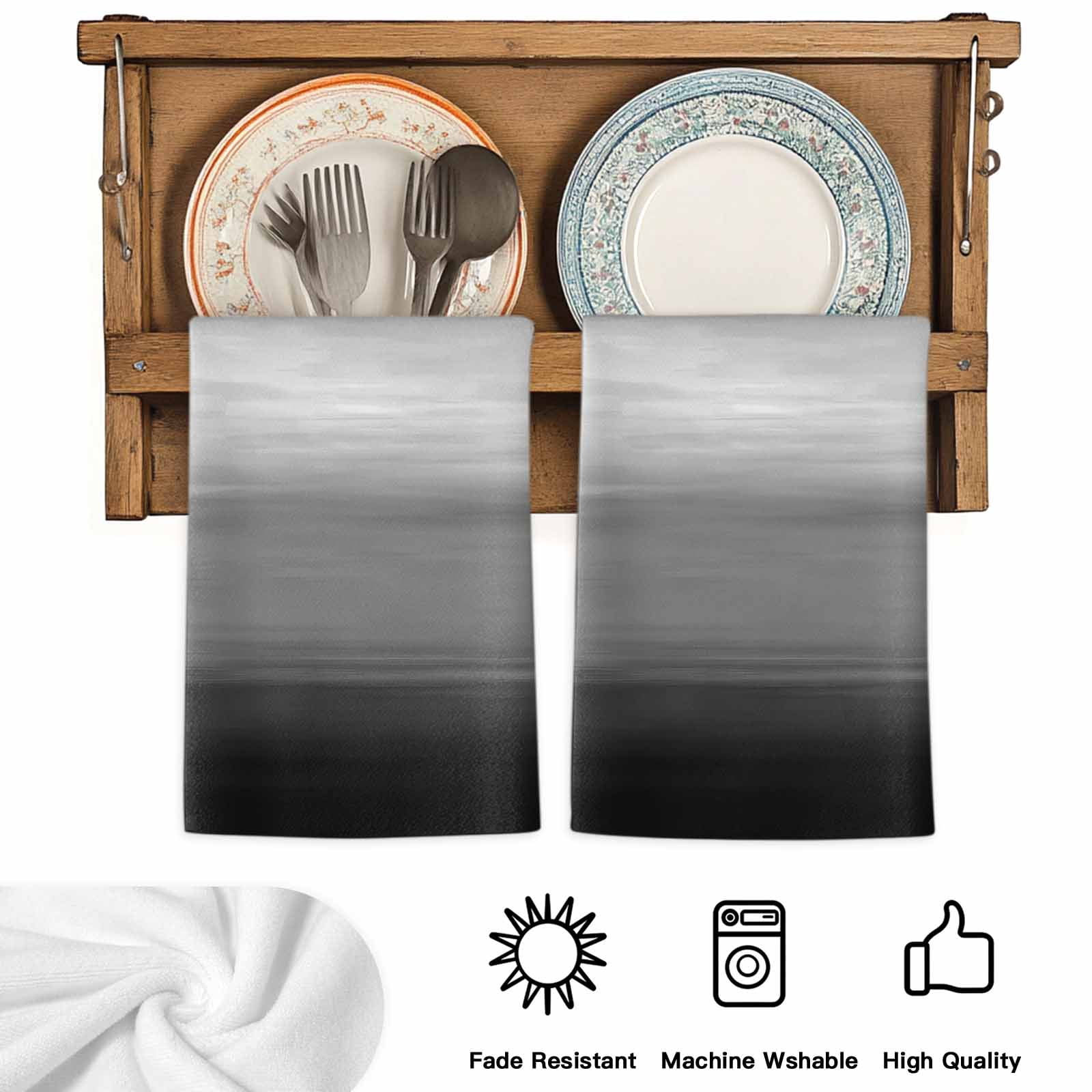 Dish Towels, Black Grey Absorbent Kitchen Towels 2 PCS, Gradient Pure Color Microfiber Hand Towels Dish Cloths Tea Towels for Home&nbsp;Bathroom Cleaning Drying,18X28-Inch,