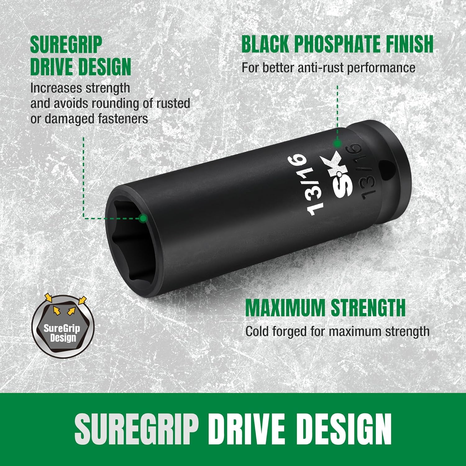 SK 1/2" Drive Impact Socket Set, Deep SAE Sockets, 13-Piece 7/16" to 1-1/4", Premium CR-MO Steel, SureGrip 6 Point Design, With Storage Case
