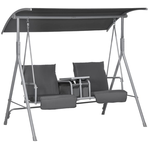 Outsunny 2-Seater Outdoor Porch Swing with Canopy and Table Patio Swing Chair for Garden Poolside Backyard Gray