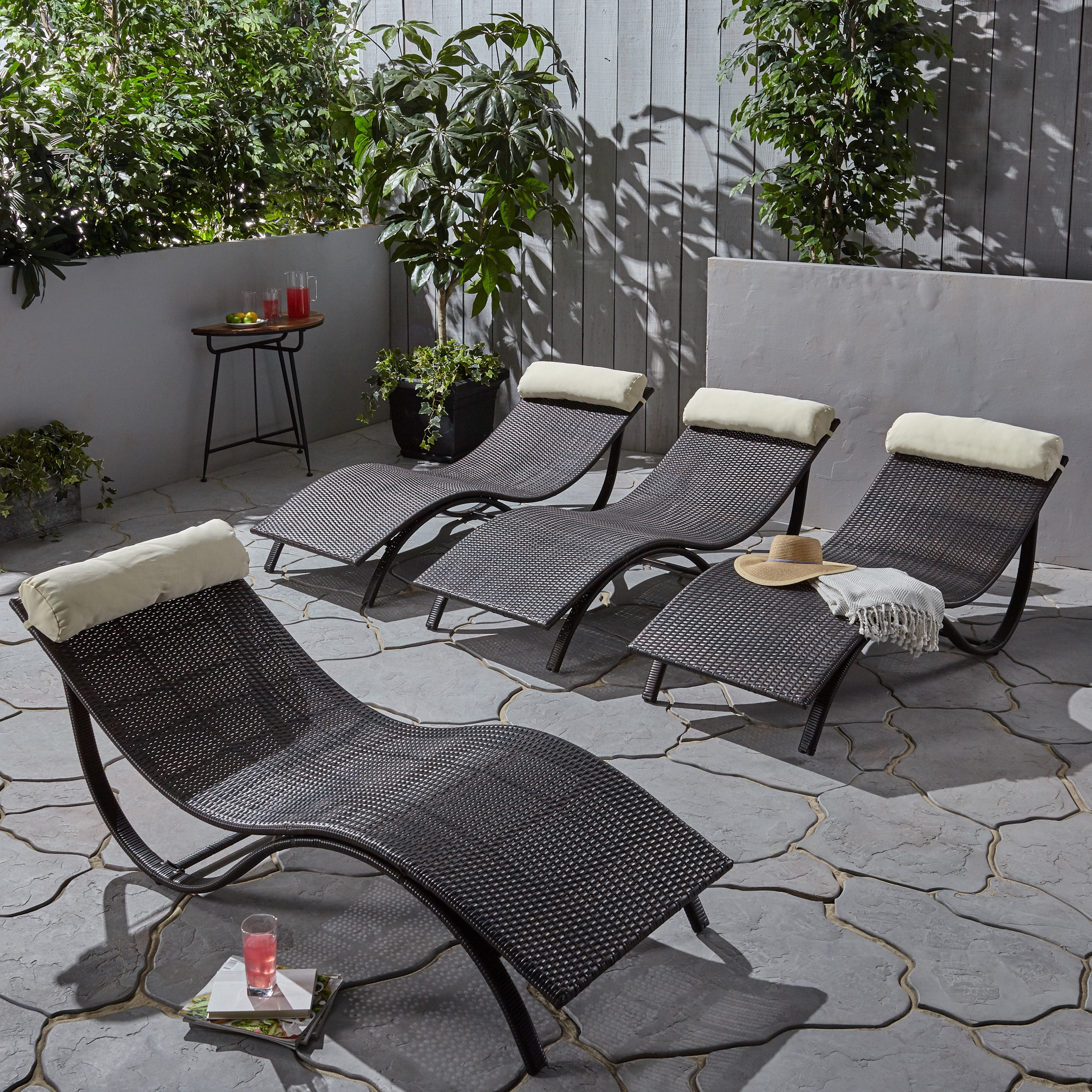 Sunset Outdoor Wicker Chaise Loungers with Bolster Pillows, Set of 4