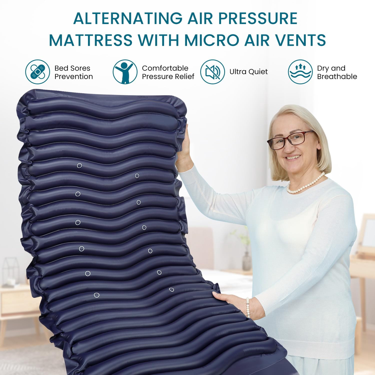 KEKOY Alternating Air Pressure Mattress Pad, Bed Sore Prevention Solution Mattress Topper with 5-setting Adjustable Pump, Waterproof Pressure Relief Ulcer Cushion Pad for Hospital and Home Use, Blue
