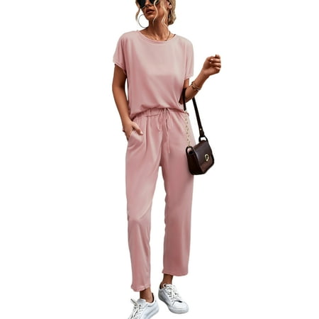 

Sanviglor Ladies Pajamas Set Short Sleeve Loungewear Solid Color Casual 2 Piece Drawstring Lounge Nightwear Matching Pink L