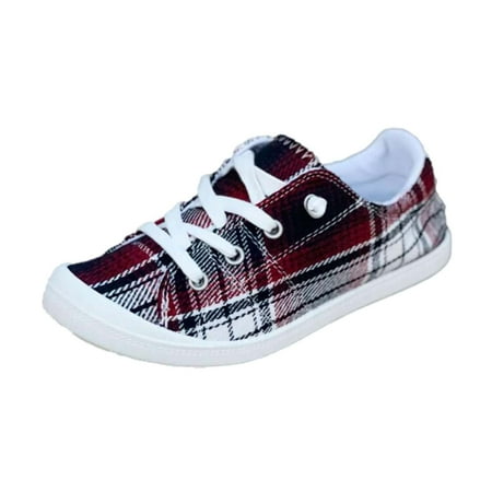 

Odeerbi Reduced Christmas Canvas Sneakers For Women Plaid Fashion Lightweight Casual Shoes Lace Up Walking Soft Shoes Red
