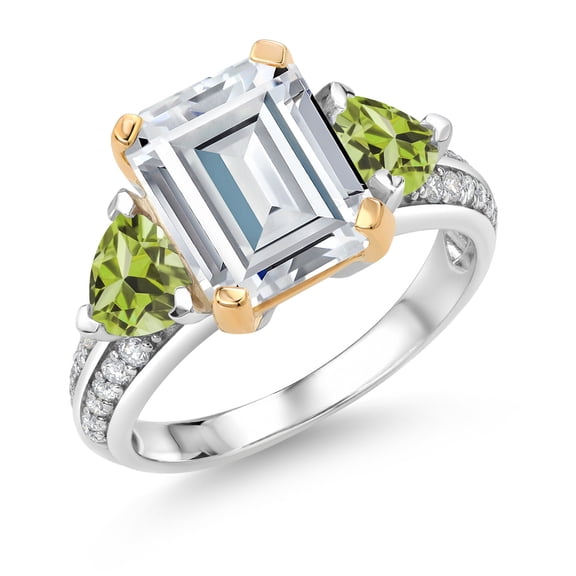Gem Stone King 925 Sterling Silver and 10k Yellow Gold White Moissanite and Green Peridot 3 Stone Engagement Ring for Women (4.70 Cttw, Emerald Cut Cut 10X8MM, Size 7)
