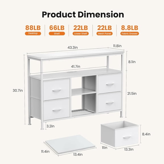 TV Stand Dresser for Bedroom 4 Drawers Entertainment Center with LED Lights and Power Outlets Media Console for 50 Inch TV Living Room Furniture with Open Shelf Adjustable Feet, White