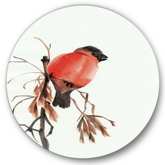 Designart 'Red Bullfinch Bird Sitting On A Branch' Traditional Circle Metal Wall Art 36x36 - Disc of 36