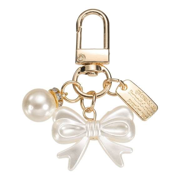 Heart Keychain Charm for Women, Metal Cute Bow & Pearl Purse Bag Charm for Car Keyring (White/Gold)