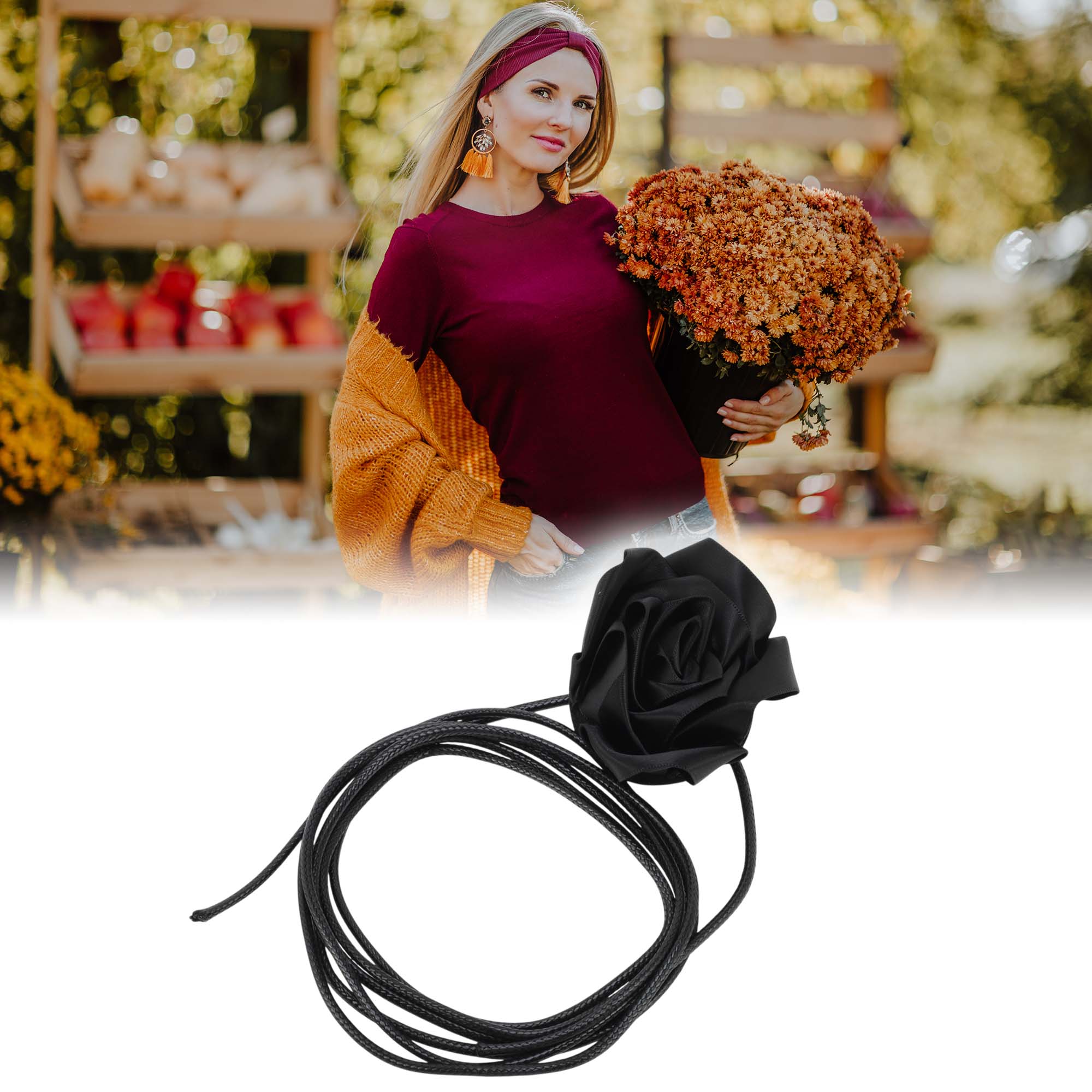 Unique Bargains Satin Rose Flower Adjustable Waist Belt Black