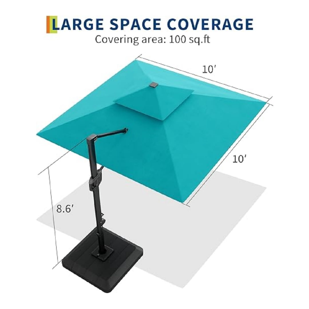 10' x 10' Heavy Duty Cantilever Patio Umbrella with LED Lights & Weighted Base, Square Aluminum Offset Umbrella 360-Degree Rotation for Outdoor Decor, Backyard, Deck, Pool