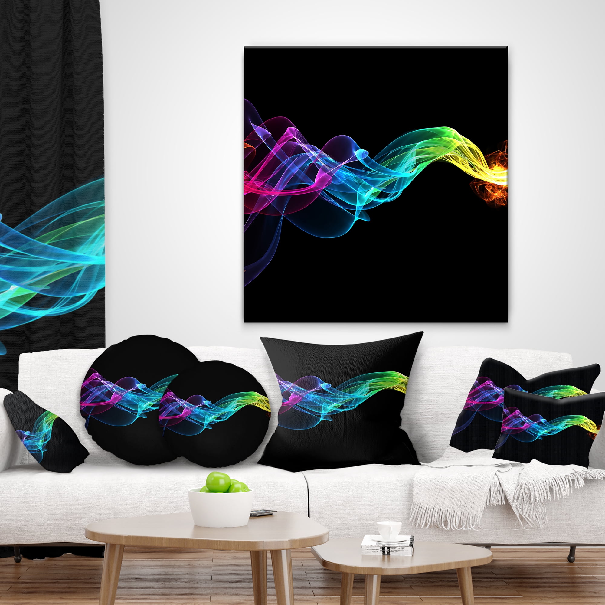 Designart Abstract Ribbon Waves on Black - Abstract Throw Pillow - 18x18