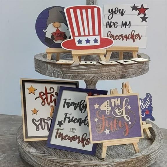 KUNPENG 8pcs Patriotic Tiered Tray Decor Set, Independence Day Wooden Signs for Home Kitchen Table Shelf, Red White and Blue Farmhouse Centerpiece for 4th of July Memorial Day (Tray Not Included)