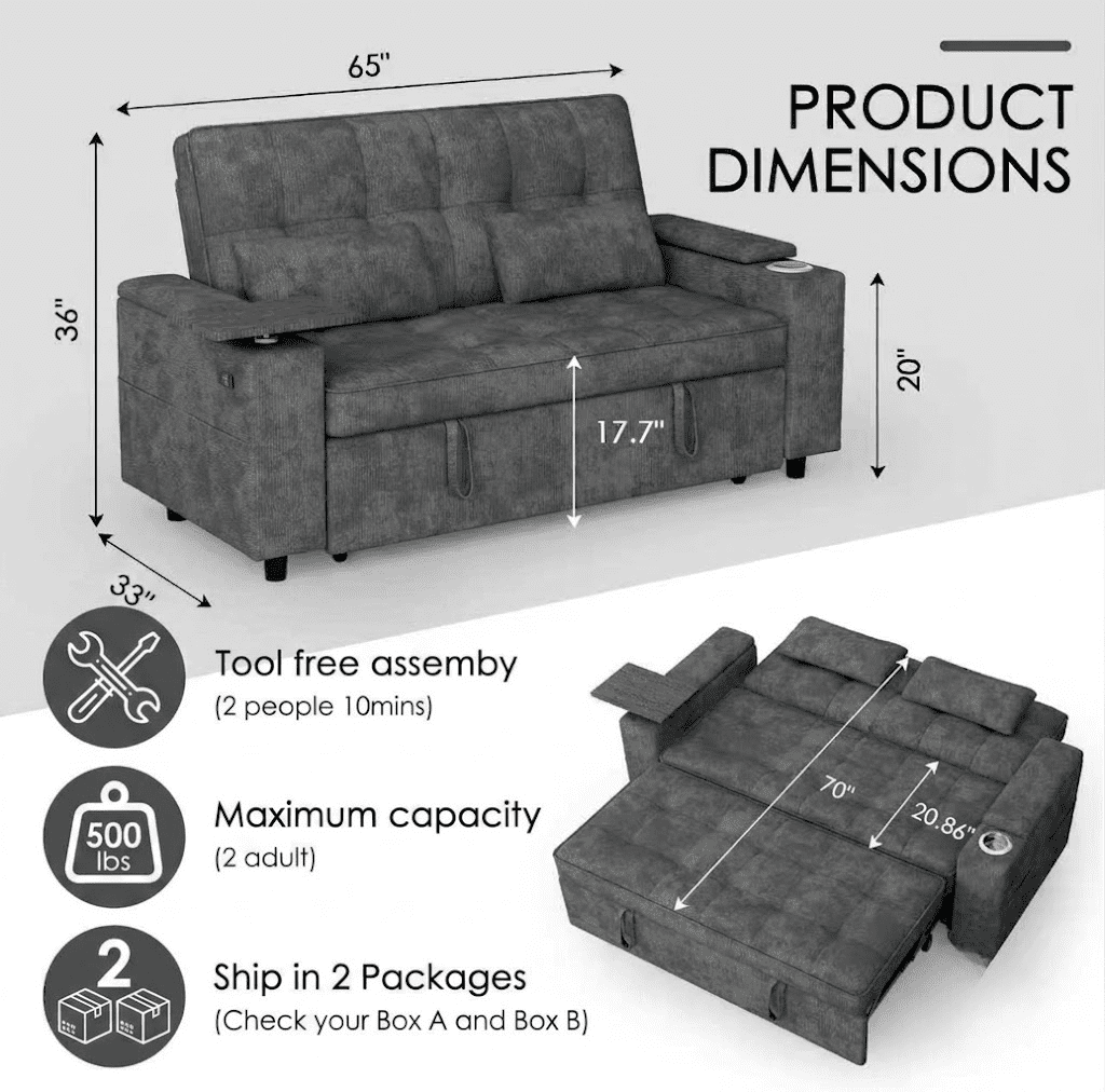 Howcool 65" Sleeper Sofa Bed, 3-in-1 Convertible Pull Out Couch Bed with Tray Table & Cup Holders, Chenille Loveseat Sofa with Adjustable Backrest for Living Room, Apartment(Dark Grey)