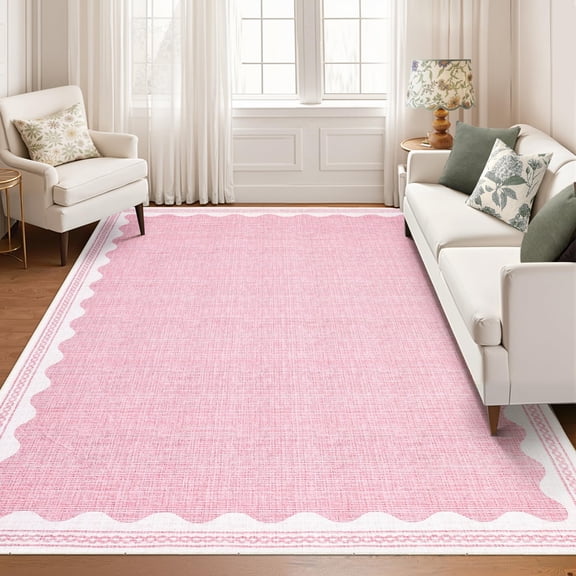 Scalloped Washable Rugs 9x12 Rug for Living Room Non-Slip Solid Pink Modern Minimalism Low-Pile Carpet 9 x 12 Rug for Bedroom Dining Nursery Mat with Rubber Back