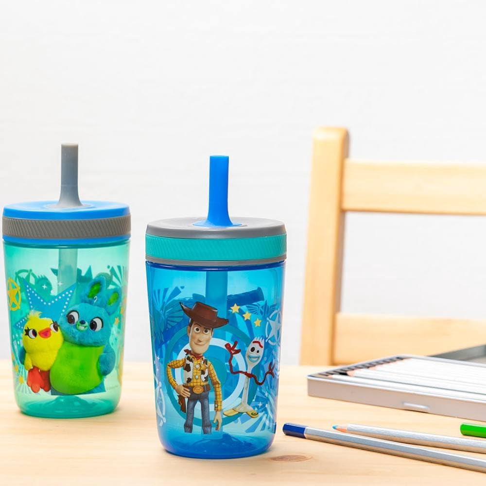 Zak Designs Kelso 15 oz Tumbler Set (Toy Story 4 - Woody & Buzz 2pc Set) Toddlers Cup Non-BPA Leak-Proof Screw-On Lid with Straw Made of Durable Plastic and Silicone, Perfect Baby Cup Bundle for Kids