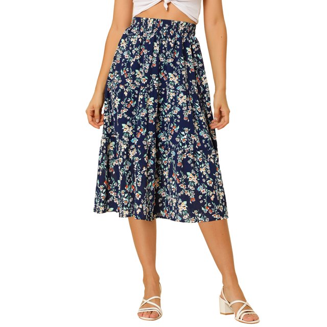 Allegra K Falda Midi Para Mujer Faldas Con Gradas Casuales Con Cintura Elástica Y Una Línea Azul oscuro S
