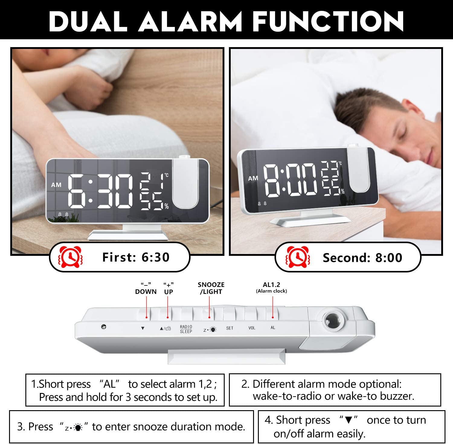 EVILTO Projection Alarm Clock for Bedroom Ceiling Digital Alarm Clock Radio  with USB Charger Ports, 7.3