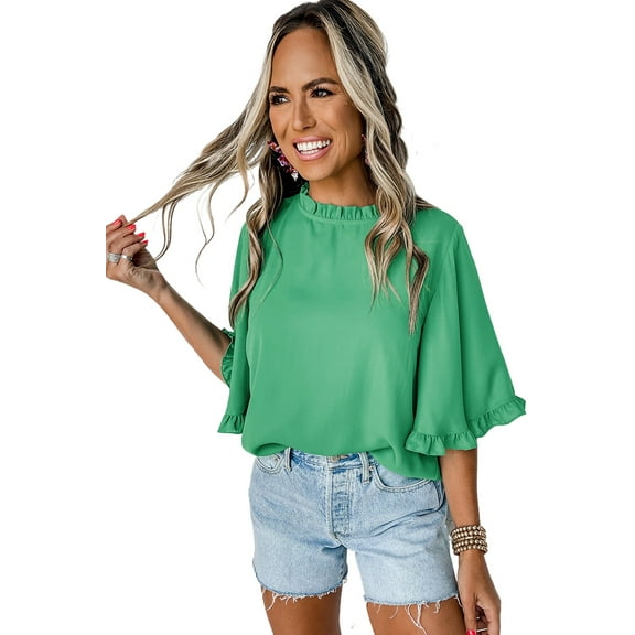 Chic Green Frilly Round Neck Blouse with Wide Half Sleeves for Women - [ZhiHiMeRi] | (US 12-14)L