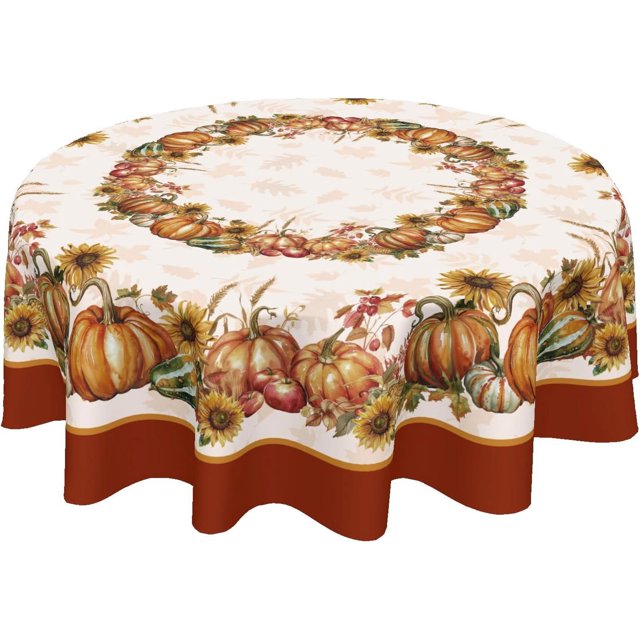 Thanksgiving Tablecloth Round 60 Inch Fall Pumpkin Harvest Decoration Outdoor Table Cloth Rustic Autumn Maple Leaves Table Cover for Dining Room Kitchen Holiday Party Picnic Home Fall Decor