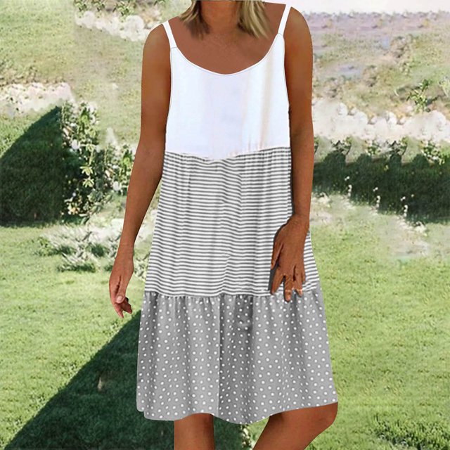Ovzne Robes d'Été pour Femmes Robe pour Femme Mode Féminine Rayures Polka Imprimé Col Rond Bretelles Ajustables Robe Imprimée Liquidation