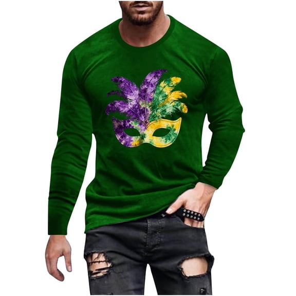 LEKWK Mens Mardi Gras Shirt Feather Mask Graphic Long Sleeve Tee Breathable Novelty Festival Top Carnival Parade Costume Party Holiday Clothing