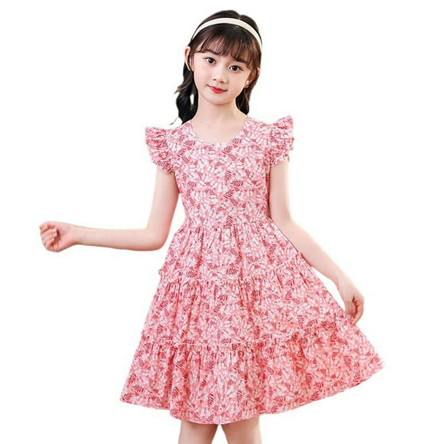 Robes Petite Fille Manches à Volants Ligne A à Volants Robe d'Été Princesse Robe Florale pour Filles Robe de Fête